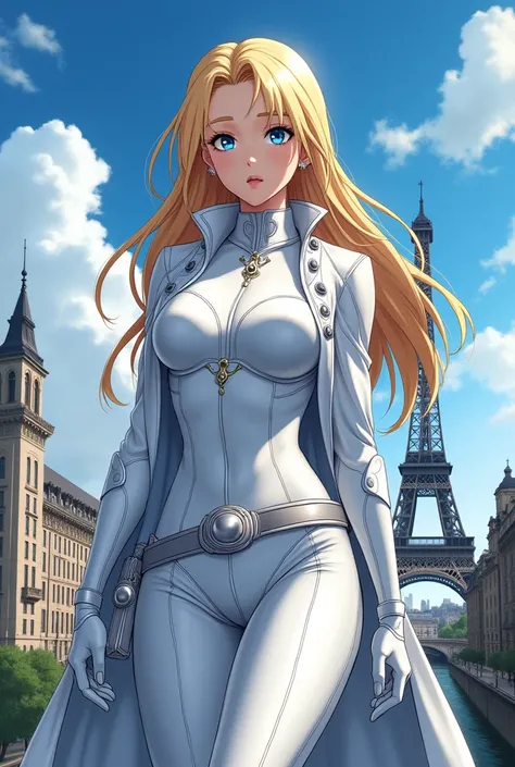 Draw an anime girl with the moon knight costume ,blue eyes neck , blond hair,white suit in paris