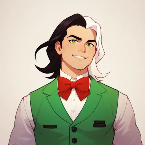 Human Male , Black hair Style  ,(( whiter highlights )), solo , Green pupils ,vest,bow Tie ,mediaval  Clothing 