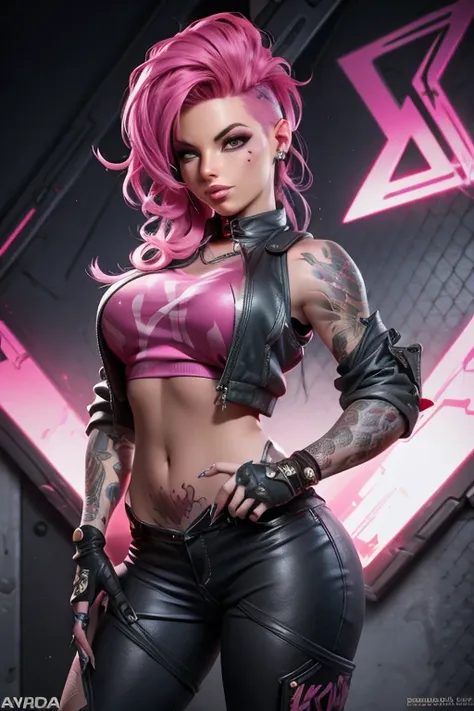 a close up of a woman with pink hair and tattoos argent metal ((best quality)), ( high detail), (1girl), doom eternal, (vivid co...