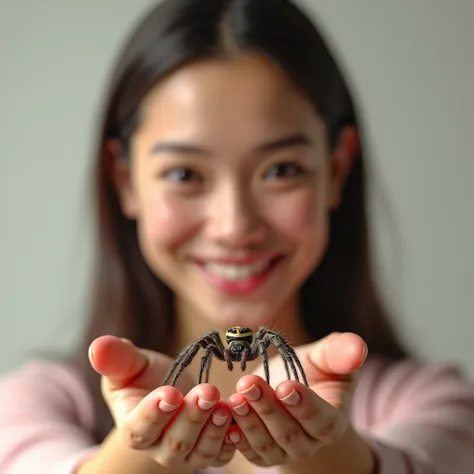 3d、Ultra HD、Front view、A huntsman spider is on a human&#39;s palm、Human woman is smiling、Delicate fingers