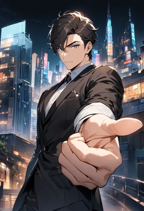 A handsome guy is holding a house in his left hand and pointing his right finger at you .The background of the entire rear is a modern city