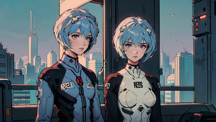 masterpiece, best quality, detailed, ((official style)), (((Rei Ayanami, 独奏))), /neon genesis evangelion/, (upper body), blue hair, short hair, bangs, red eyes, breasts, small breasts, white bodysuit, plugsuit, interface headset, pilot suit. Rainy night in...