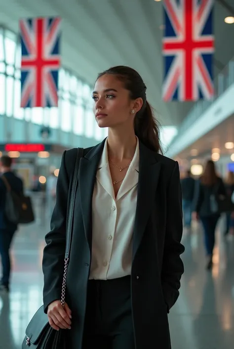 image 16:9 where you show an attractive woman in an airport thinking with a background of English flags