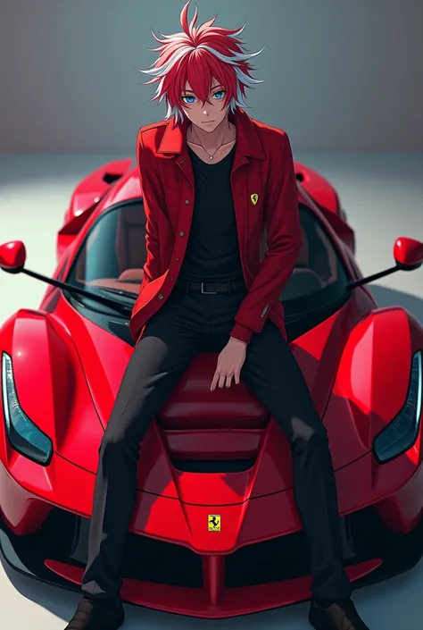 Adult anime boy with red hair saint seiya style with white locks in his hair,with a serious face and blue eyes and a red jacket and a black shirt sitting on the hood of a Ferrari fxxk