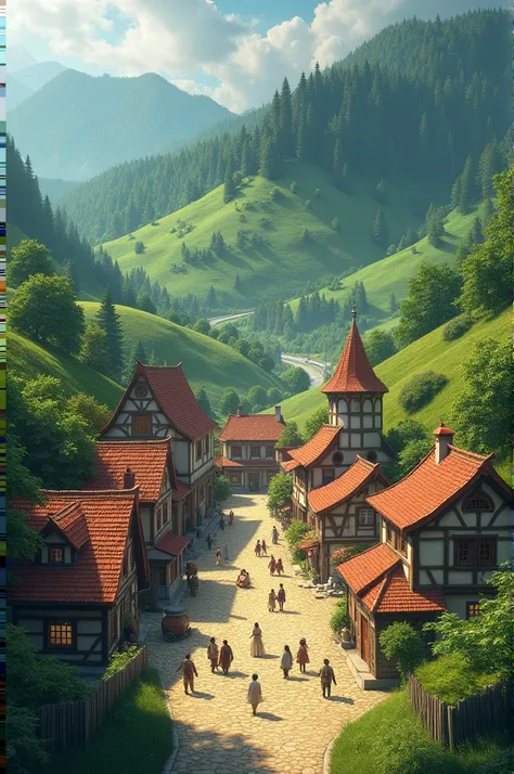 A quaint village nestled among rolling green hills with a dense forest in the background. The village features charming, rustic houses, cobblestone paths, and a bustling village square filled with villagers preparing for a festival.
Family at Work: