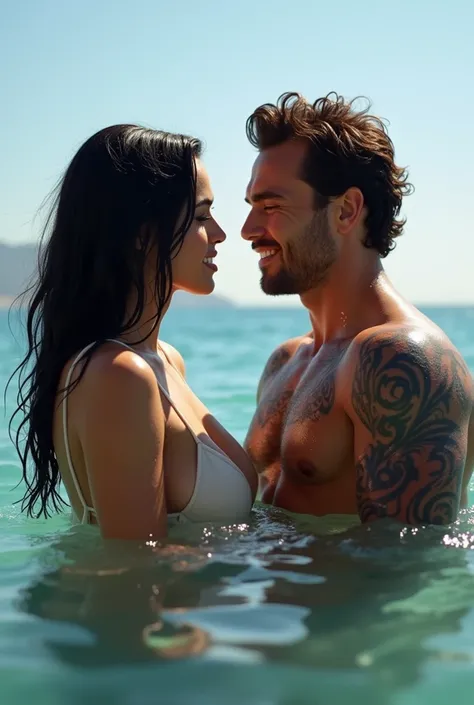 A black-haired girl with big breasts and a handsome man with wavy brown hair and perfect body in the style of Gerard Butler with six-pack and muscles and a lot of black tattoos are bathing in the sea. They are friends.   Body view, bright light, viewer, Lo...