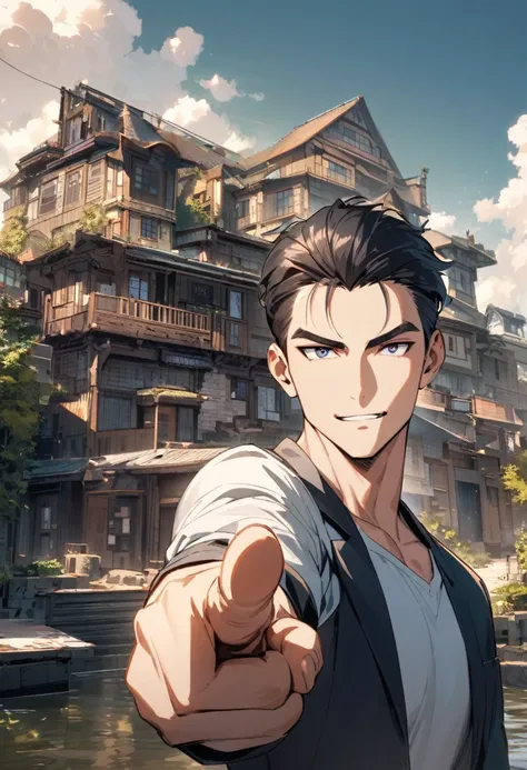 A handsome guy is holding a house in his left hand and pointing his right finger at you .The background of the entire rear is a modern city