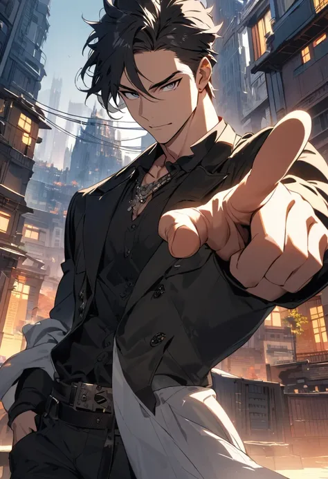 A handsome guy is holding a house in his left hand and pointing his right finger at you .The background of the entire rear is a modern city