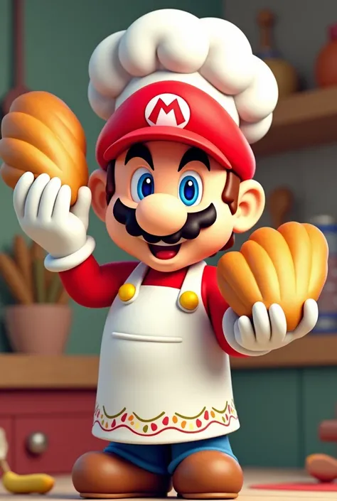 Make me a cute Mario bros logo dressed as a chef with an apron and a cassava bread without Luiggi 
