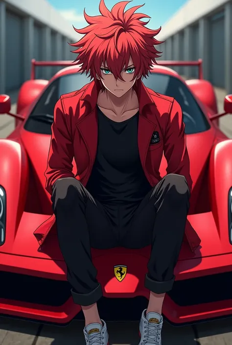 Adult anime boy with red hair saint seiya style with white locks in his hair,with a serious face and blue eyes and a red jacket and a black shirt sitting on the hood of a Ferrari Enzo