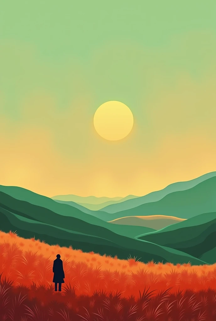 A lone figure stands in a field of green, a full moon hanging in the pastel sky above. The hills roll in the distance, painted in shades of yellow, green, and red, creating a surreal landscape. The figure is small and insignificant against the vastness of ...