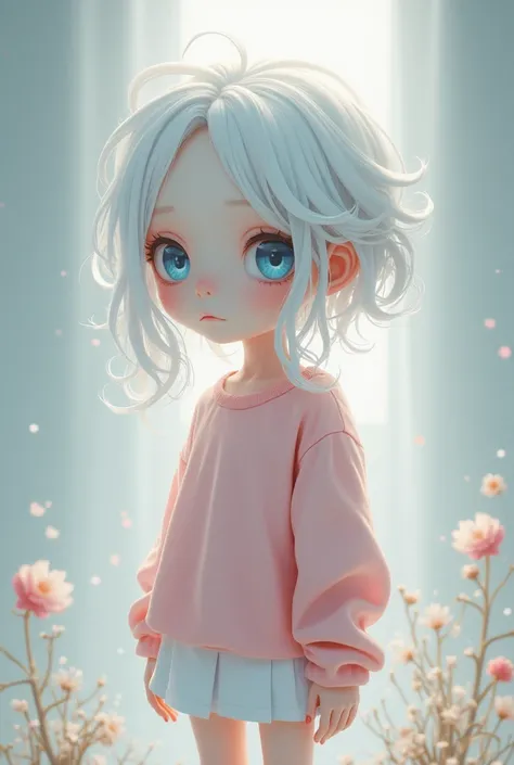 MALE, boy gender, white hair, light blue eyes, skinny body, wearing pink sweater, short white skirt, hair half up, half down, parted hair.