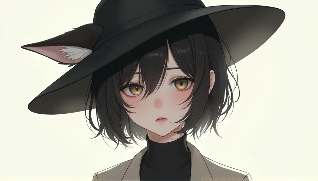 A beautiful girl with short hair and cat ears is shown with a sad expression.。She wears a hat、Hiding cat ears