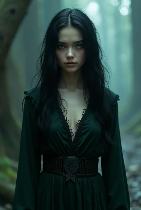 A teenage girl with blue eyes, black hair, villainous beauty, fair skin, long hair, standing up, Slytherin, realistic