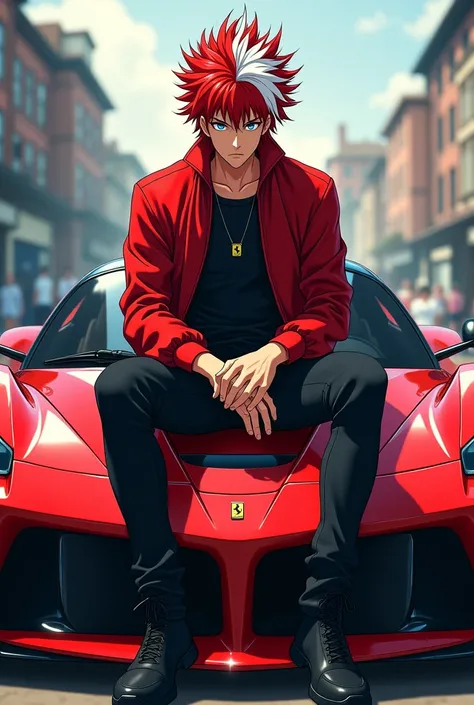 Adult anime boy with red hair saint seiya style with white locks in his hair,with a serious face and blue eyes and a red jacket and a black shirt sitting on the hood of a Ferrari LaFerrari