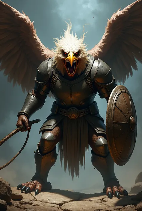 monstrous transformation in pain of an were eagle man for a full plate character of pathfinder who weilding a whip and a shield