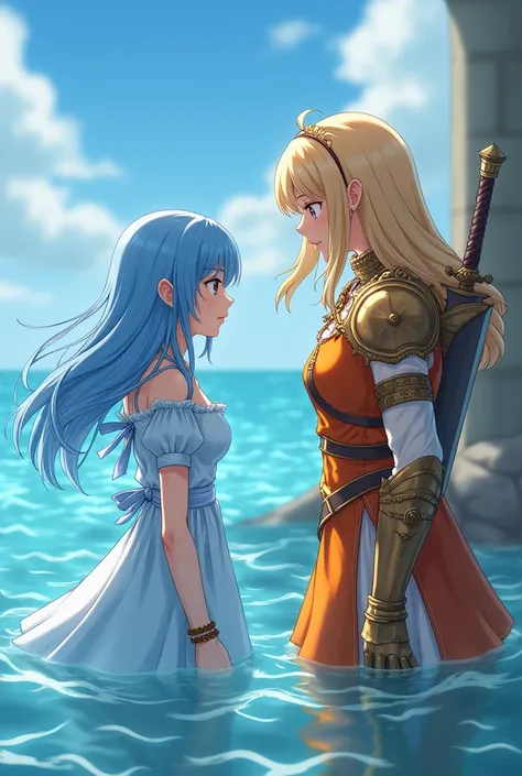 2 girls, one is fucked up the other is fucked up,the first one to let herself into the water, another one stands with a big sword, anime, dress, beauties, the first girl with blue hair, the second one and golden hair, первая в голубом нежном dress, the sec...