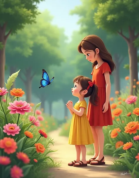 A girl in a yellow dress, loose brown hair, con lazo rojo en la cabeza y brown sandals, sees a blue butterfly flying near a flower and is surrounded by trees and many colorful flowers, pink, abodes, orange and green. and her mom in a red dress, brown sanda...