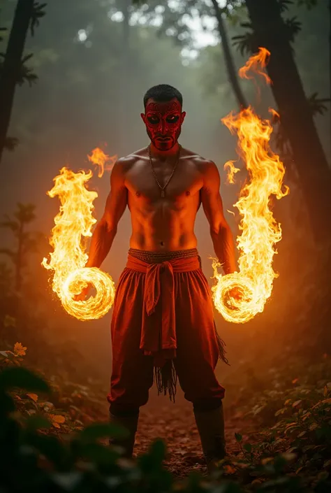 Balinese young warrior fire bender captured on celluloid film, expose his strong body, red javanese mask, the fire is massive look and amazing, silat martial art pose, on forest, Ultra Realistic,  fog, night, dark, cinematic composition, close up