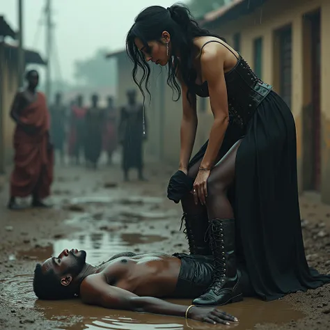 A thin, malnourished African man, lying face down, drinks dirty water from a muddy puddle. a famous, elegant, arrogant and mean white woman, dressed in a gothic corset, black wavy hair, thigh high socks, conbat boots, stands on top of the African man and s...