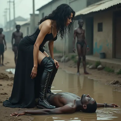 A thin, malnourished African man, lying face down, drinks dirty water from a muddy puddle. a famous, elegant, arrogant and mean white woman, dressed in a gothic corset, black wavy hair, thigh high socks, conbat boots, stands on top of the African man and s...