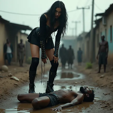 A thin, malnourished African man, lying face down, drinks dirty water from a muddy puddle. a famous, elegant, arrogant and mean white woman, dressed in a gothic corset, black wavy hair, thigh high socks, conbat boots, stands on top of the African man and s...