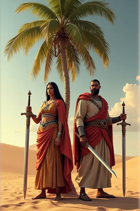 3D drawing of Deborah and Barack with their sword under a coconut tree in the desert before going into battle Biblical times