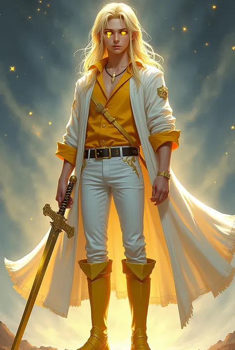 handsome boy with blonde long straight hair, yellow shirt, white jean, holding gold katana, white goldly robe, yellow glowing eyes, star iris on his eye, wearing long yellow high heel boots.