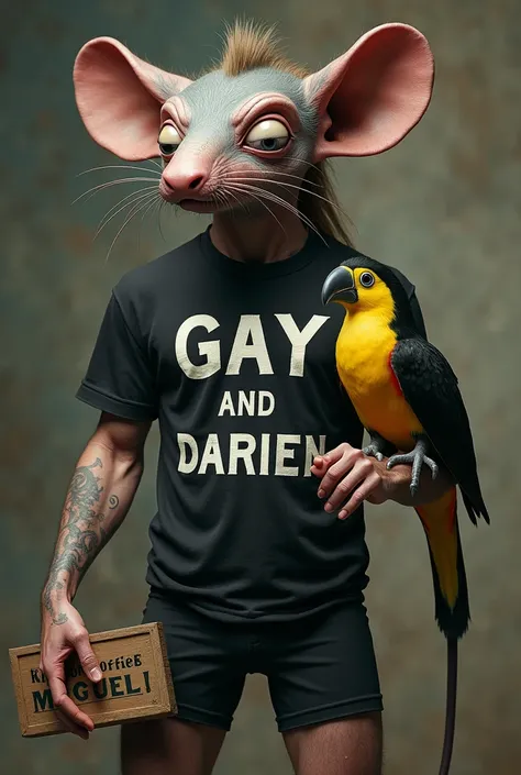 Make me an ugly rat with a human body and a mullet cut with a black shirt that says gay and some pants. Black shorts hugging a toucan and holding a sign that says Miguel and Darien