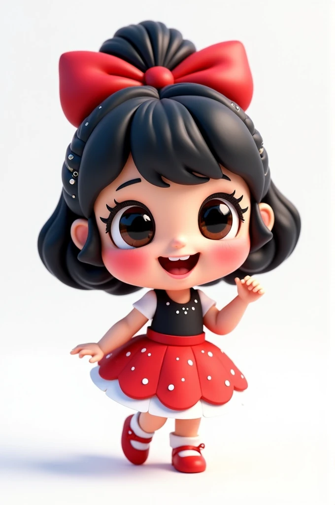 3d illustration, pixar style, cute chibi, baby girl , black hair, red bow in hair, dress red with black with white dots, bright eyes, big eyelash, pink cheeks, happy, smiling, glitter, white socks, red high heels shoes, exuberant, fantastic, cute pose, won...