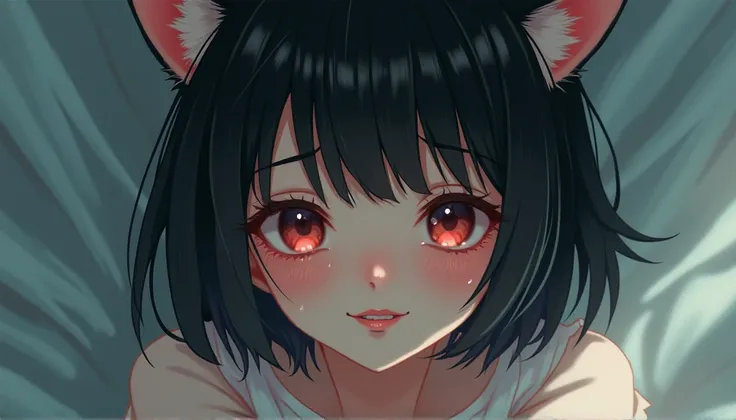 A beautiful girl with short black hair and cat ears is crying、Smile with gratitude