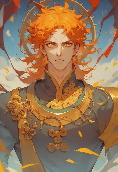 Orange hair color, golden eyes, straight hair parted in the center.
Wears a golden metal band around his head.
Wears vermilion ancient Chinese clothing, round eyes, male.,Animestyle,breast enhancement