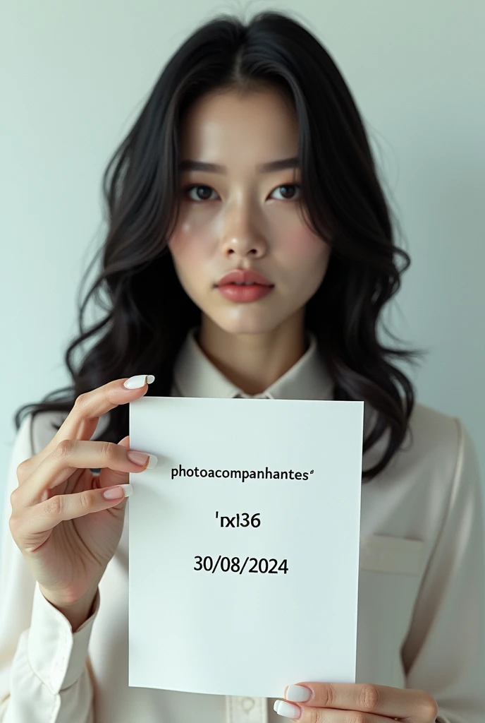 Hello, I would like an image of a white woman., with black hair holding a paper showing what is written on it. This paper must contain 3 lines, the first writing PHOTOACOMPANHANTES, the second NX236, the third 30/08/2024.