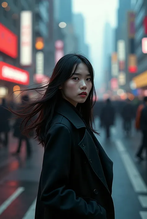 Motion blur is a fascinating time-lapse photograph capturing the starkness of a bustling, vibrant metropolis. The cityscape is a swirl of movement and vibrant color. The focal point is a beautiful young Japanese woman with gothic features, her silky mid-le...