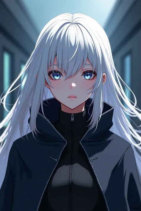 anime, girl, long white hair, cape, looking at viewer, pale skin, serious, futuristic 