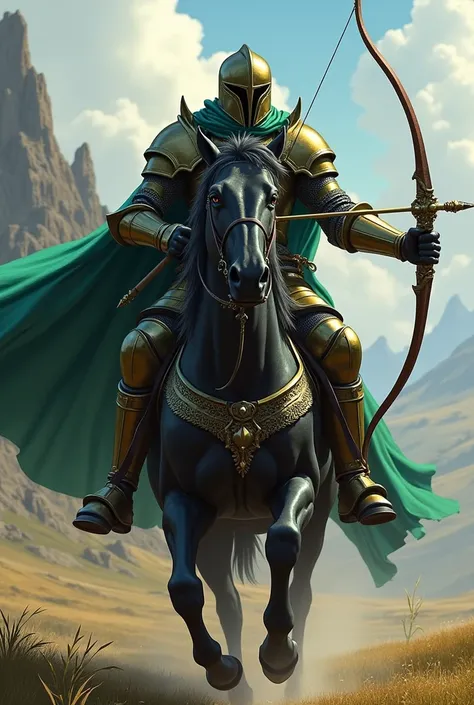 Knight in green armor with bow on black horse 
