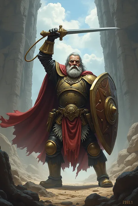 un nain paladin dégarnie, équipé dun lasso et dun pavois, brandissant sont arme en criant contre un adversaire situé en contre plongé, dans le style de pathfinder ou de magic-the-gathering 