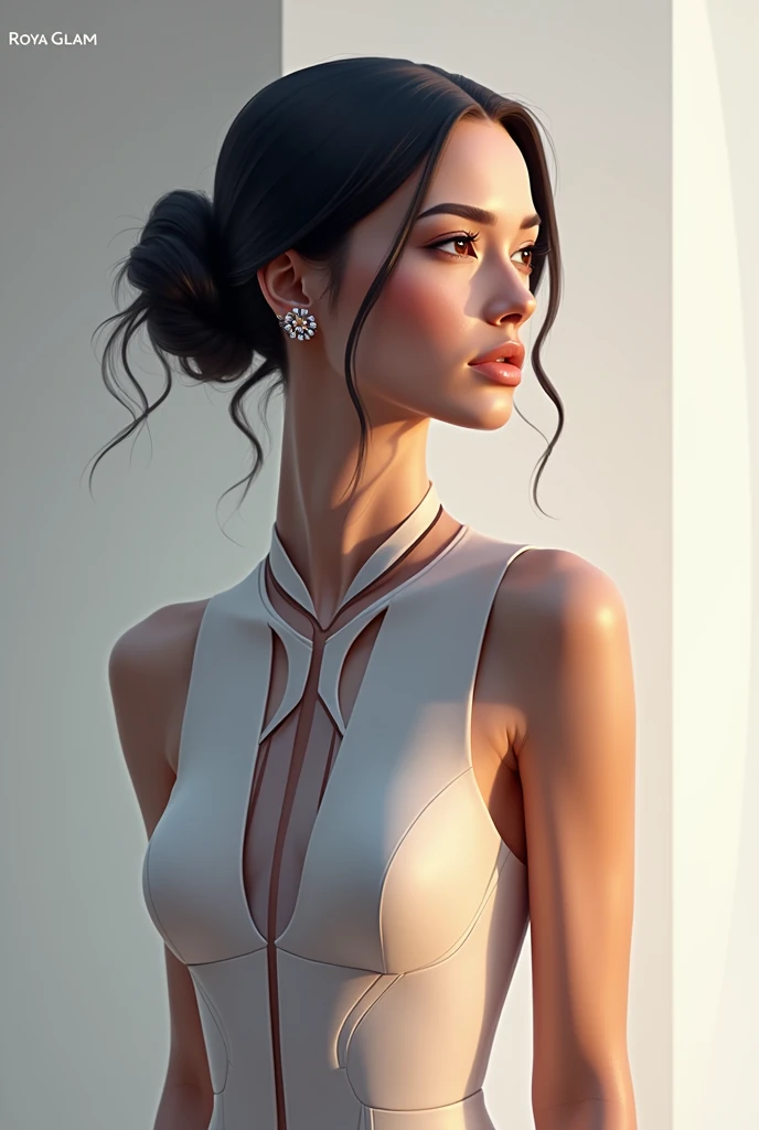 Create a logo for "Roya Glam," a modeling agency specializing in AI models. The design should seamlessly blend elements representing both human and AI models. Incorporate sleek, modern aesthetics that reflect sophistication and innovation. Consider using a...