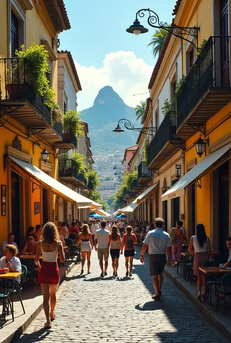 High quality photograph of a historic street in Rio de Janeiro. cobblestone streets, cafés, galleries and people walking. A real street, It is not completely clean and shiny. 150dpi well dressed people. Lunch time. beautiful sunny day.