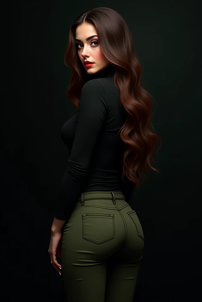 Illustration by Luis Royo. Black background. Beautiful Lebanese woman with long brown hair. Ideal anatomy, beautiful expressive look. She wears a black turtleneck and olive green skinny jeans. Its back side faces the camera. masterpiece, (best quality: 1.5...