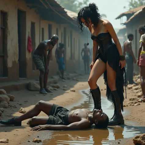 A thin, malnourished African man, lying face down, drinks dirty water from a muddy puddle. a famous, elegant, arrogant and mean white woman, dressed in a gothic corset, black wavy hair, thigh high socks, conbat boots, stands on top of the African man and s...