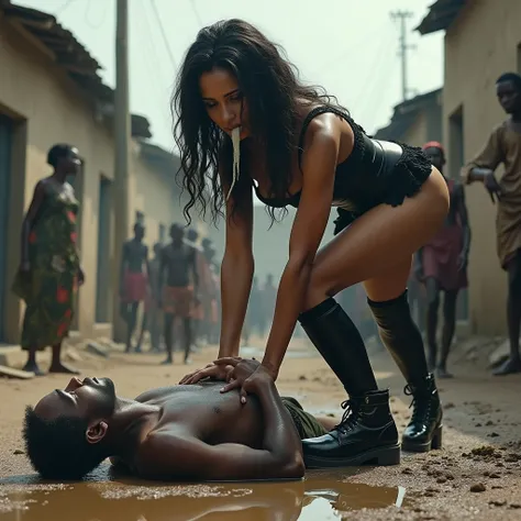 A thin, malnourished African man, lying face down, drinks dirty water from a muddy puddle. a famous, elegant, arrogant and mean white woman, dressed in a gothic corset, black wavy hair, thigh high socks, conbat boots, stands on top of the African man and s...