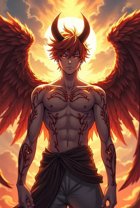 Male anime style character half demon half archangel 
