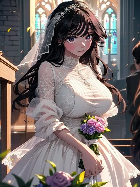 Beautiful black hair woman is shown to have a sexy figure. She is wearing a  beautiful  detailed wedding dress , jewelry, holding a bouquet of flowers, she has purple eyes, Girl standing in a church aisle, sexy session, front facing viewer, cowboy shot, su...