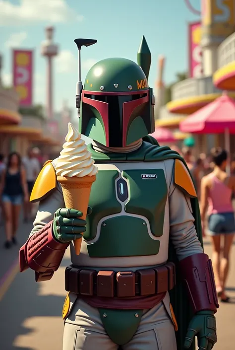 Boba Fett holding a soft serve ice cream in an amusement park、Star Wars、movie、Mandaean、