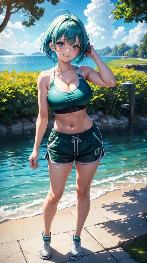 1girl, ((full body)), solo, trees, sun, clouds, summer, water, ((blue hair)), short hair, huge breasts, ((dark green sports bra)), water sport, ((full cleavage)), blue eyes, grin, happy, looking at the viewer, shorts, hair pin