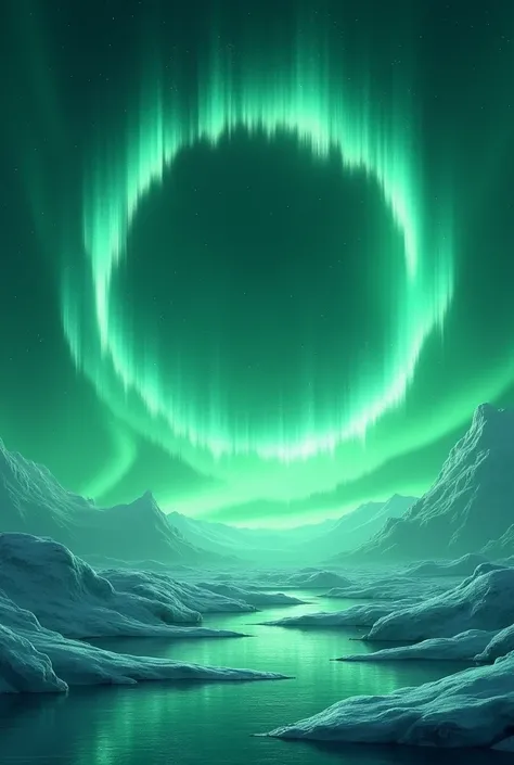 Create a green background with aurora borealis in a circle and ice