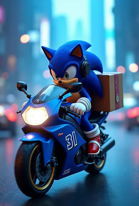 Png of a Sonic character delivering food on a blue Genesis 125 motorcycle and the number 31 can be seen on the motorcycle, and have a black motorcycle helmet 

