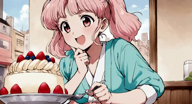 Anime Cute Japanese woman 80s ,Pastel,City Pop ,Making dessert