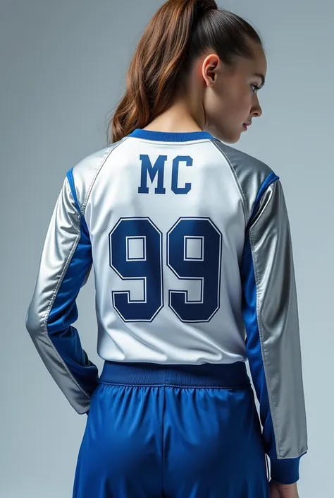 Create the back of an interclass blouse with silver colors,white and blue with the name MC and the number 99